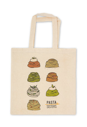 Natural color tote bag with 2 handles and 7 different types of pasta digitally printed on the bag with the pasta sisters logo. Digital printings of pasta include tomato pasta with and without burrata on top, plain pasta, pesto pasta with and without burrata.  pasta with herbs and pasta with sauce. 