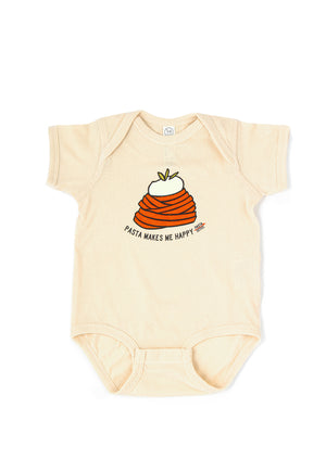 Natural Color baby onesie with pasta shaped digital print with burrato on top and the text Pasta Makes me Happy. 