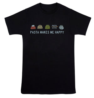 Black t-shirt with digitally printed images of mounds of pasta. Tomato pasta with burrata cheese on top, plain pasta, pesto pasta, pasta with herbs and the pasta sisters logo with but capitalized block style letters that say pasta makes me happy. 