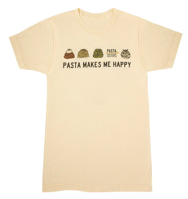 Natural color  t-shirt with digitally printed images of mounds of pasta. Tomato pasta with burrata cheese on top, plain pasta, pesto pasta, pasta with herbs and the pasta sisters logo with but capitalized block style letters that say pasta makes me happy.