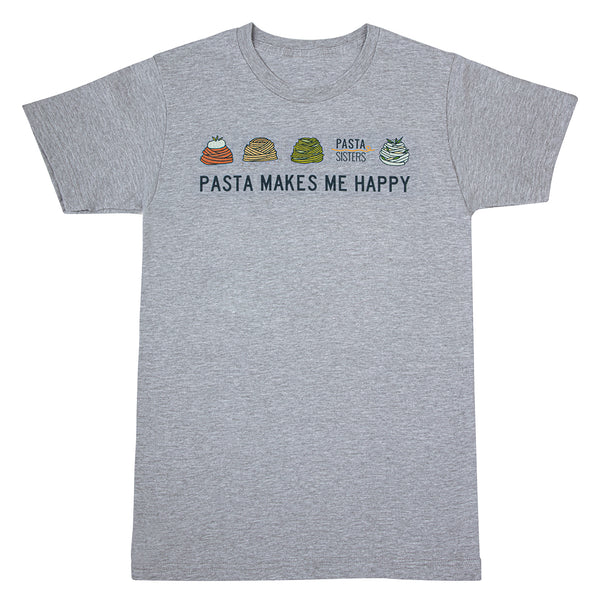 Grey t-shirt with digitally printed images of mounds of pasta. Tomato pasta with burrata cheese on top, plain pasta, pesto pasta, pasta with herbs and the pasta sisters logo with but capitalized block style letters that say pasta makes me happy.