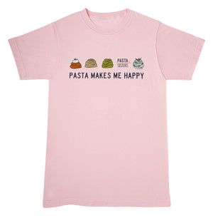 Pink t-shirt with digitally printed images of mounds of pasta. Tomato pasta with burrata cheese on top, plain pasta, pesto pasta, pasta with herbs and the pasta sisters logo with but capitalized block style letters that say pasta makes me happy.