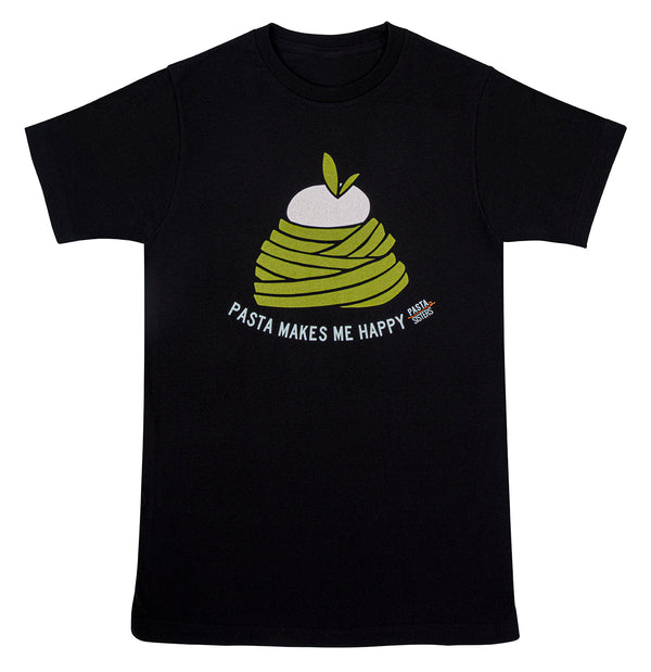 Black color t-shirt with a digitally printed image of a mound of pesto pasta with burrata on top and text right below the mound of pasta saying pasta makes me happy. The pasta sister logo is printed at the end of the pasta makes me happy slogan.