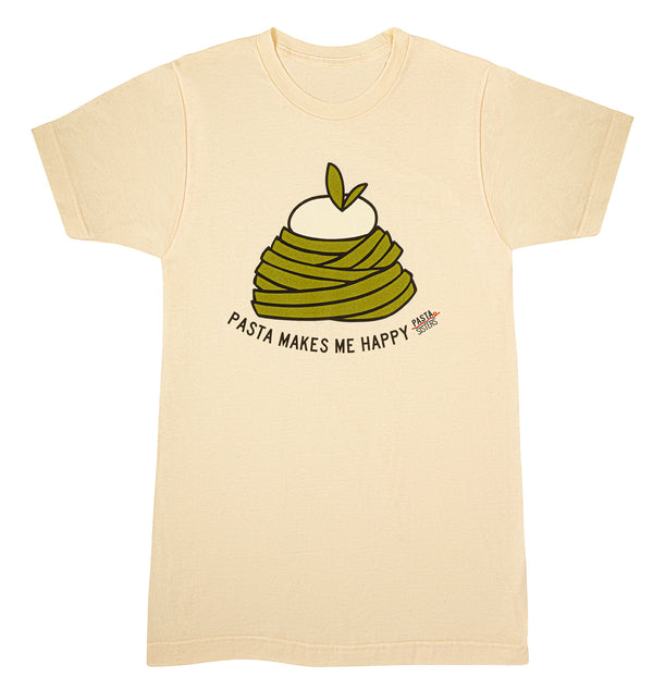 Natural color t-shirt with a digitally printed image of a mound of pesto pasta with burrata on top and text right below the mound of pasta saying pasta makes me happy. The pasta sister logo is printed at the end of the pasta makes me happy slogan.