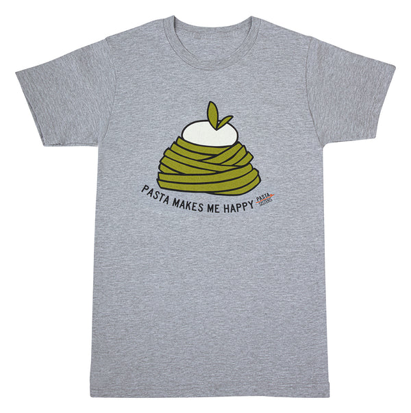 Grey color t-shirt with a digitally printed image of a mound of pesto pasta with burrata on top and text right below the mound of pasta saying pasta makes me happy. The pasta sister logo is printed at the end of the pasta makes me happy slogan.