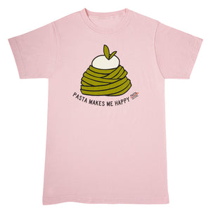 Pink t-shirt with a digitally printed image of a mound of pesto pasta with burrata on top and text right below the mound of pasta saying pasta makes me happy. The pasta sister logo is printed at the end of the pasta makes me happy slogan.