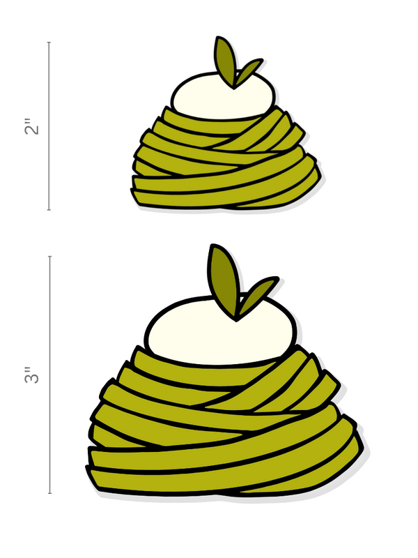 Pasta shape sticker with burrata on top displaying the size difference between 2 inches vs 3 inches.