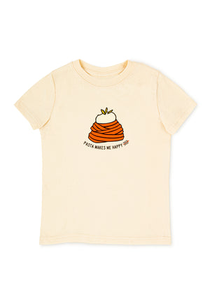 Natural Color Toddler Shirt with pasta shaped digital print with burrato on top and the text Pasta Makes me Happy.