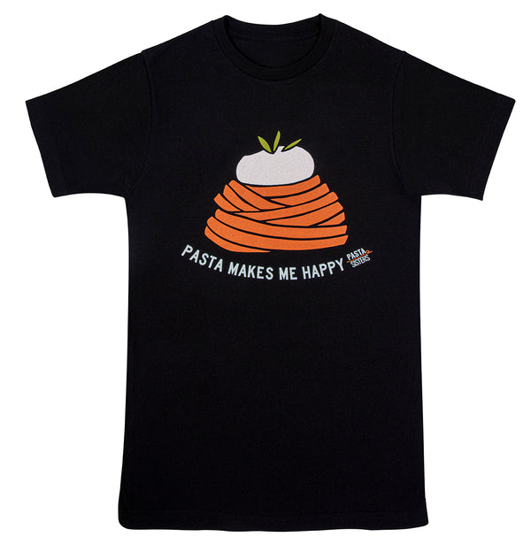 Black Color t-shirt with pasta shaped digital print with burrata on top and the text Pasta Makes me Happy.