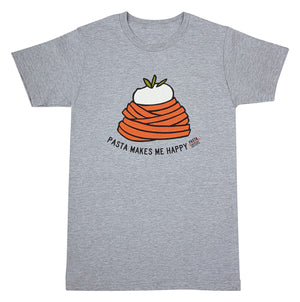 Grey Color t-shirt with pasta shaped digital print with burrata on top and the text Pasta Makes me Happy.