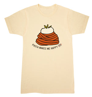 Natural Color t-shirt with pasta shaped digital print with burrata on top and the text Pasta Makes me Happy.