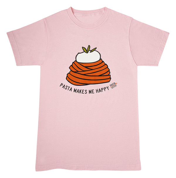 Pink Color t-shirt with pasta shaped digital print with burrata on top and the text Pasta Makes me Happy.