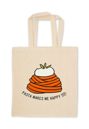 Natural color tote bag with 2 handles and tomato pasta shape with burrata digitally printed with the text Pasta Makes me happy. 